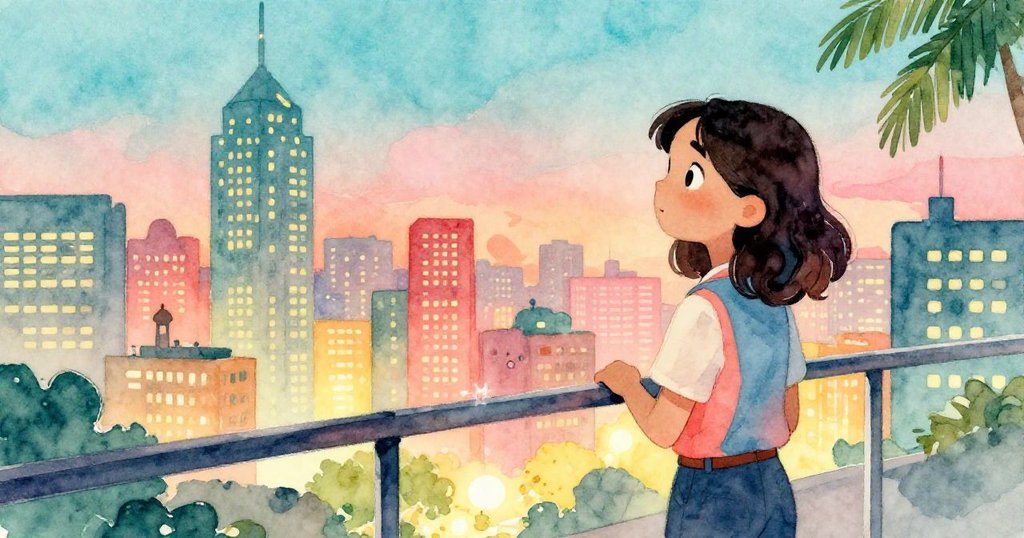 瑪莉斯站在高塔露台上,背影與柔和夕陽映照的城市輪廓形成剪影,充滿期待與驚奇的情感。
