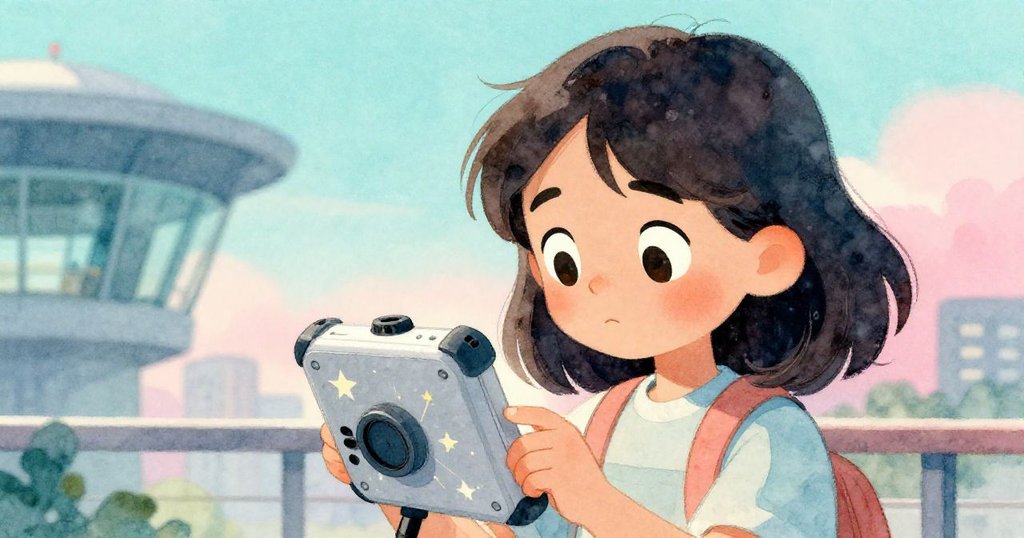 瑪莉斯專注檢查肩上的星圖儀,眼中閃爍著好奇與決心,細節豐富的裝置在溫柔背景中呈現。