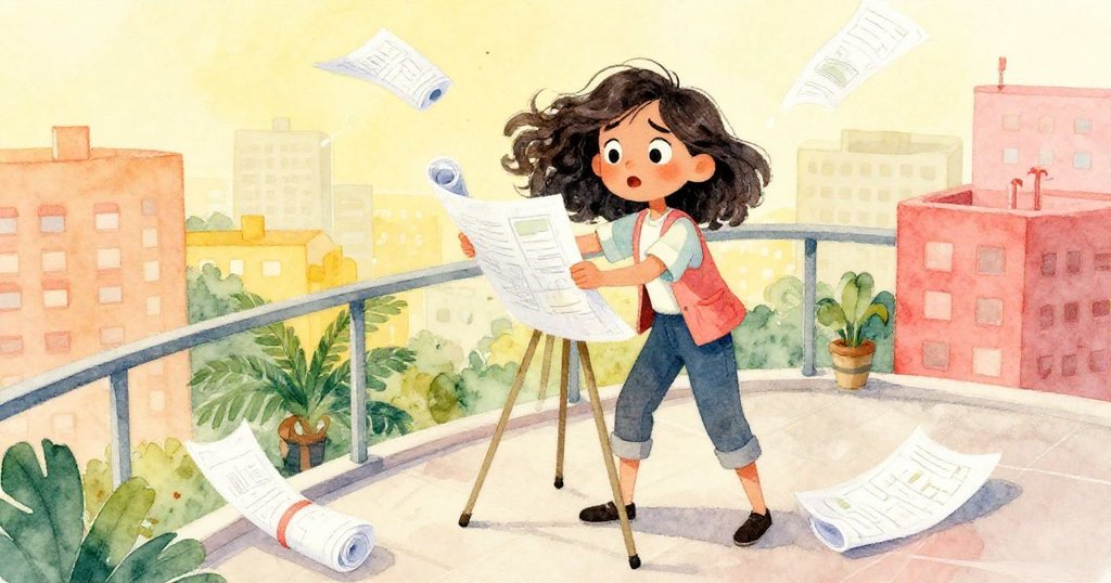 瑪莉斯在露台上因一陣風而忙亂調整三腳架,捉住滾動的捲圖,情緒中透露著緊張與迅速反應。