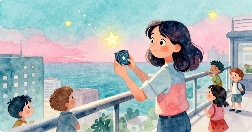 瑪莉斯在露台上調整星圖儀,身旁旅客帶著好奇目光注視,夜空逐漸顯現明亮星點,畫面充滿溫柔氛圍。