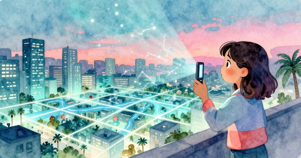 瑪莉斯站在露台邊緣,注視裝置投射出的獵戶星座和河流圖像,城市與自然完美交織,氛圍寧靜深邃。