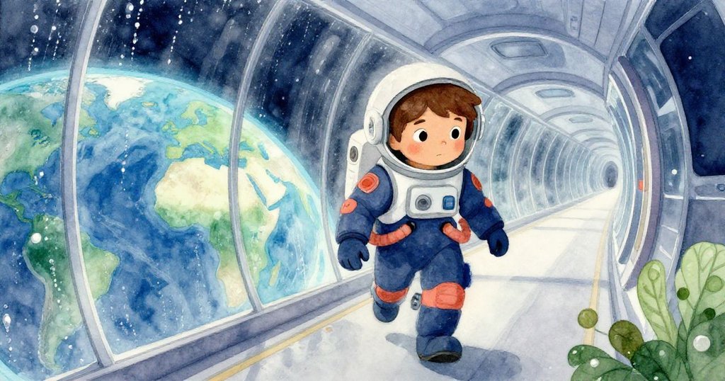 Kai穿著未來感宇航服，在透明走廊中邁步前行，窗外是彎曲的地球和微光，神情期待且充滿好奇。