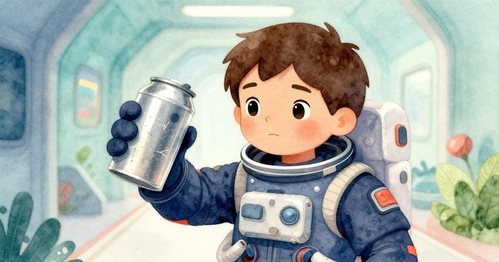 Kai專注穩握著金屬罐，細緻刮痕映出歷史，背景隱約呈現太空站走廊，畫面充滿溫暖懷舊情懷。