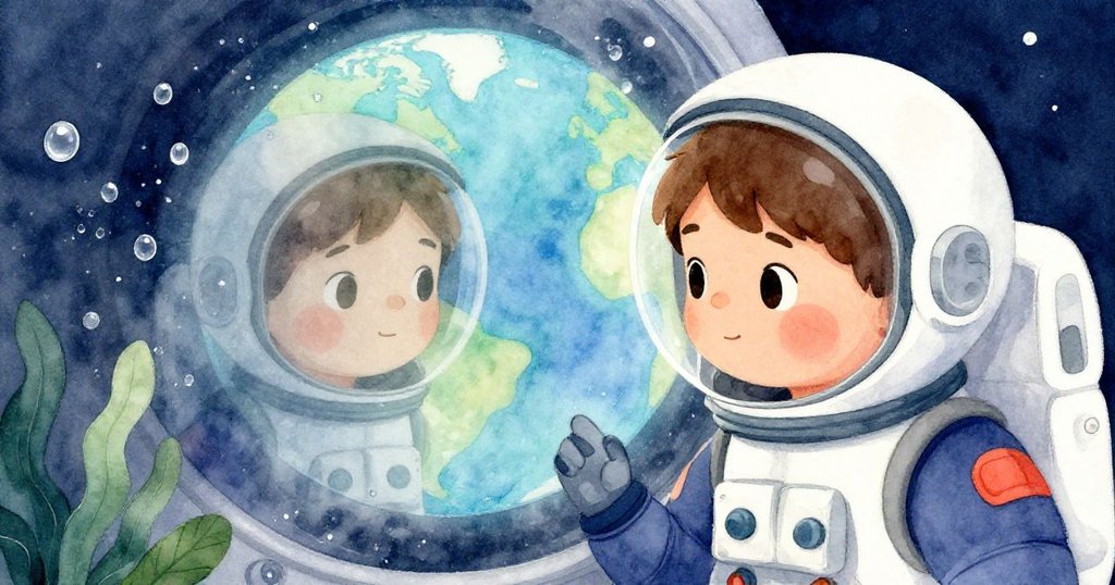 Kai凝望窗外，走廊水珠中映出堅定面容和遠處朦朧的地球景象，神態中蘊含著夢想與沉思。