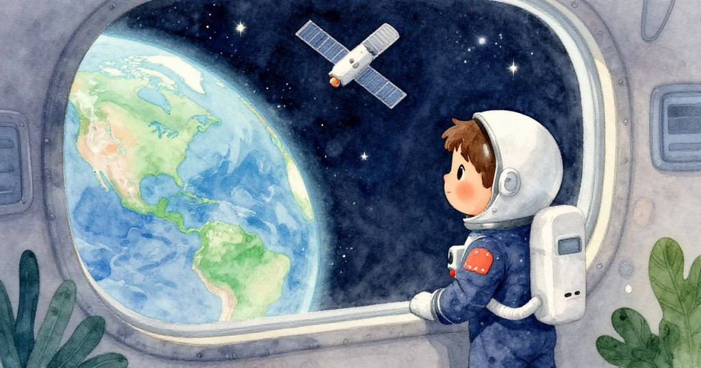 Kai靠近電梯柱，透過大窗俯瞰彎曲地球、閃爍衛星及浩瀚星空，充滿期待與驚奇。