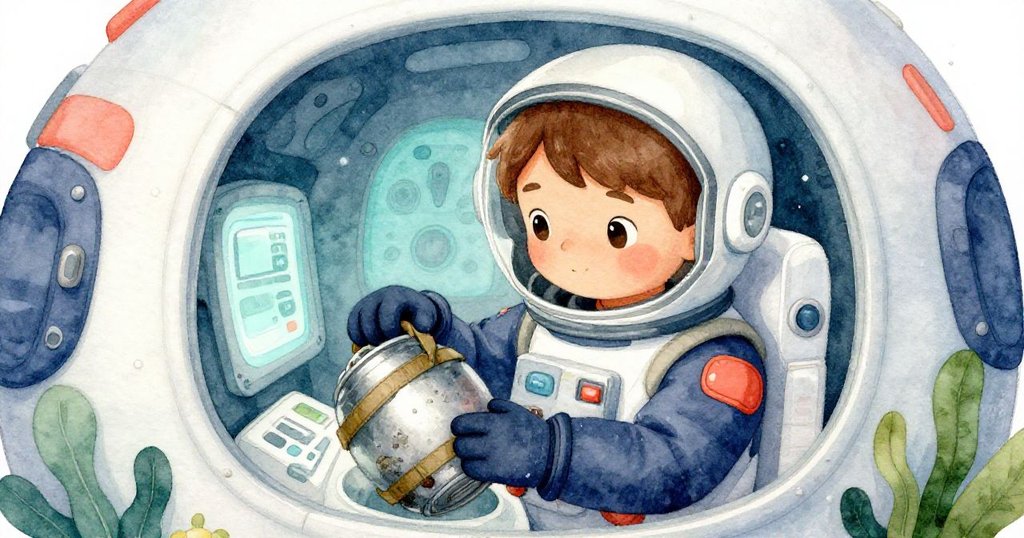 Kai在運輸艙中小心固定金屬樣品罐，背景高科技面板營造出堅定期待新冒險的氛圍。