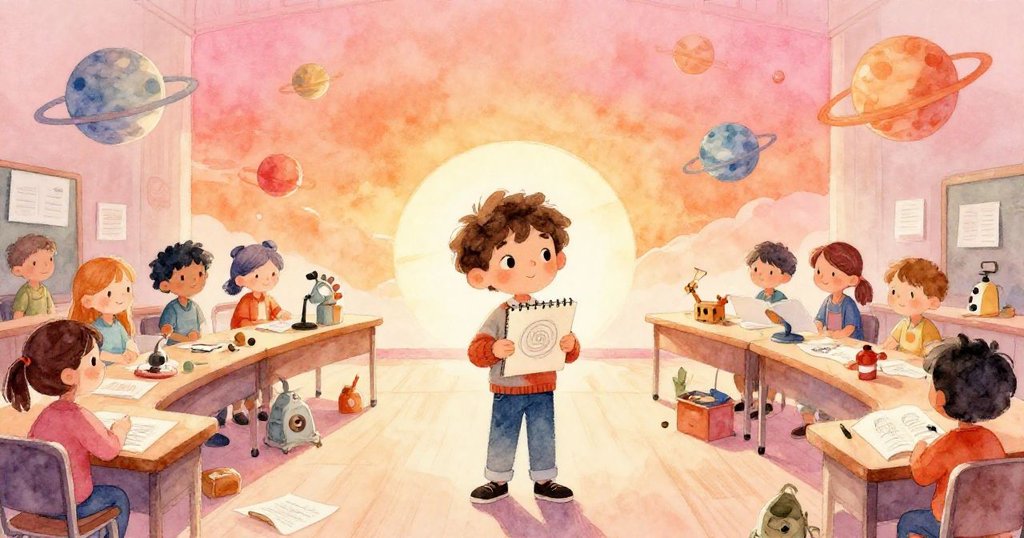 在學校禮堂入口處，Leo攜帶螺旋素描本仔細觀察眾多學生與星球海報，充滿期待與好奇心啟程。