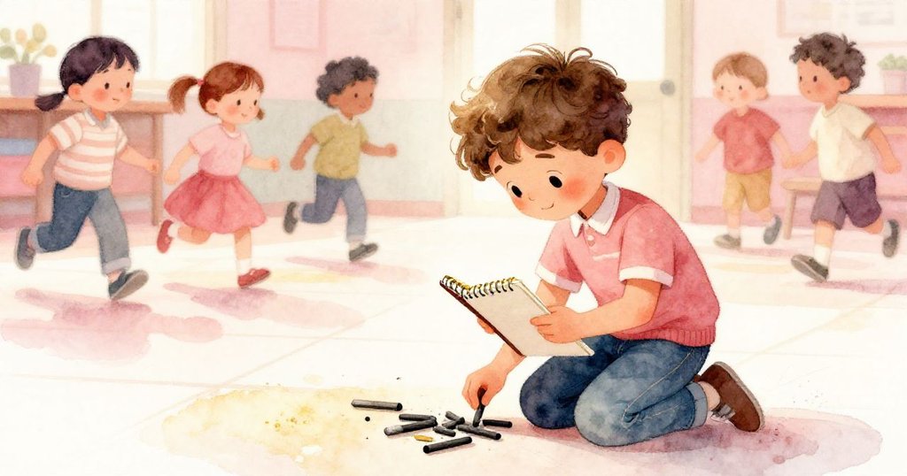 Leo彎腰撿拾散落的石墨棒，表情認真，背景中幼童穿梭忙亂，展現求秩序與堅韌專注的動人瞬間。