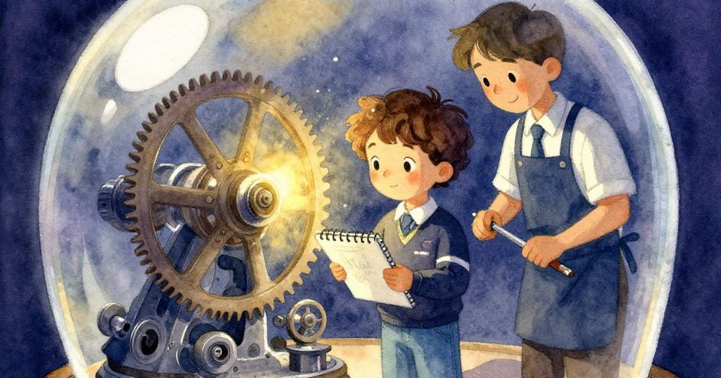 志工揭開圓頂展示引擎內部精巧零件，玻璃光影交錯，Leo與觀眾目光聚焦，氛圍宛如奇幻水下般神秘。