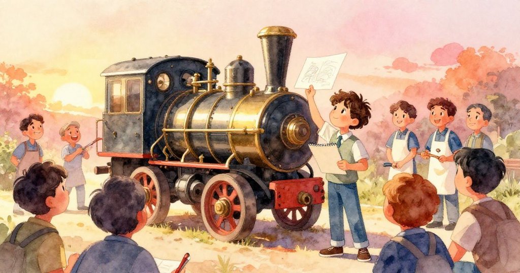 修復成功後，引擎運轉發光，Leo舉起新素描本記錄歷史瞬間，觀眾與志工歡欣鼓掌，場面溫暖如夕陽般燦爛。