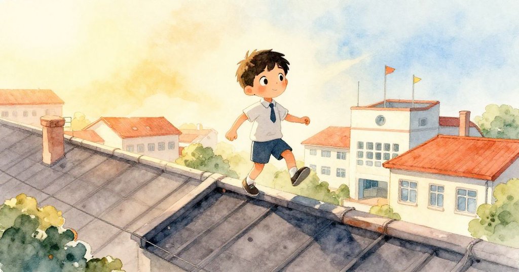 Milo踏上學校科學翼屋頂，陽光照耀下充滿好奇心與期待，背景細膩展示學校建築。