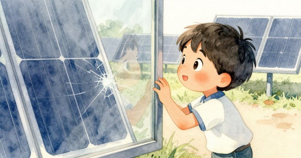 Milo透過玻璃細縫觀察屋頂模組，眼神專注，光影悄然變化展現微妙裂縫。