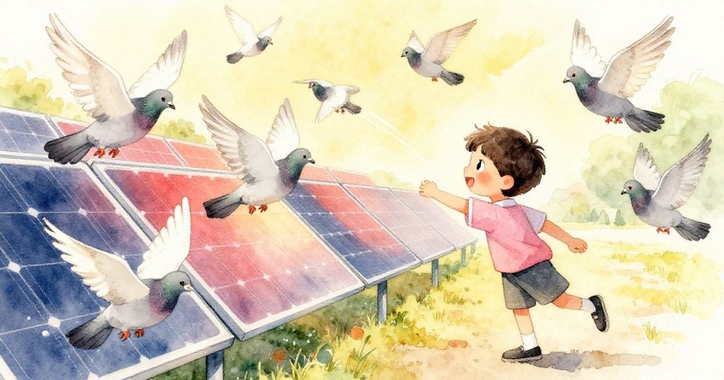 鴿群在太陽能板上掠過留下動感軌跡，Milo驚奇注視，場面充滿活力與快樂氣息。