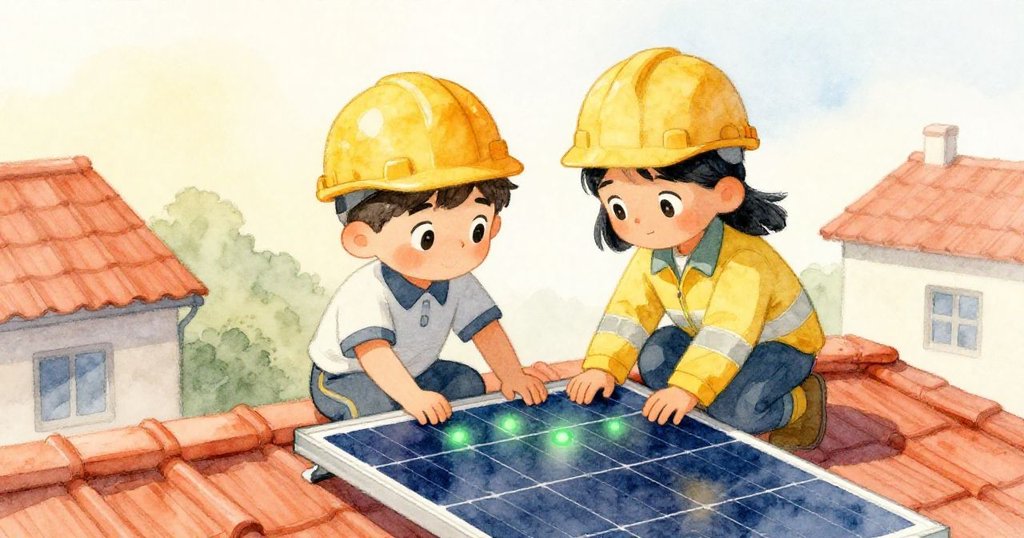 Milo與Rae在屋頂合力修復模組，綠燈穩定映照，兩人滿懷成就感展現默契合作的溫馨瞬間。