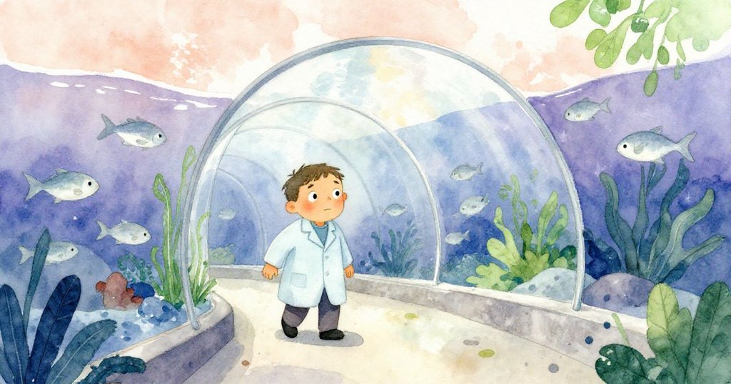 Lev穿著實驗室外套走入透明隧道，水中斑駁光影映襯，銀魚悠游，表情充滿期待與奇妙感。