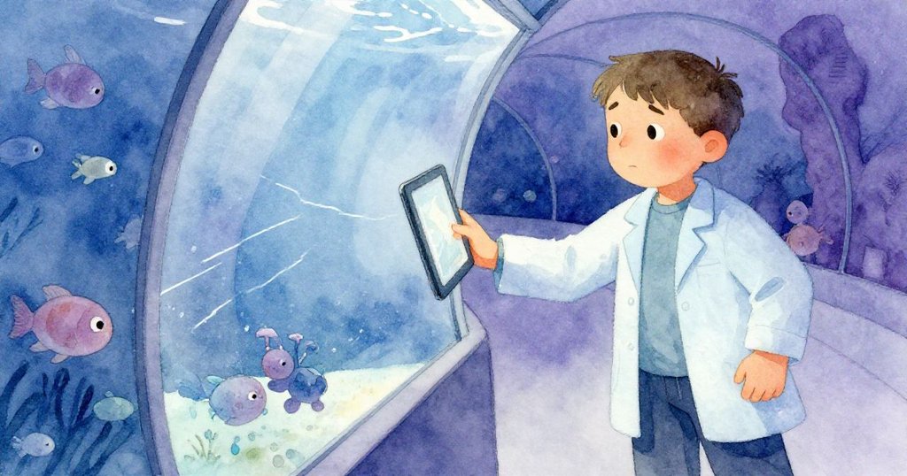 Lev專注查看平板電腦顯示的跟蹤線，手部細節清晰可見，水族館隧道背景隱約映著斑斕光影。