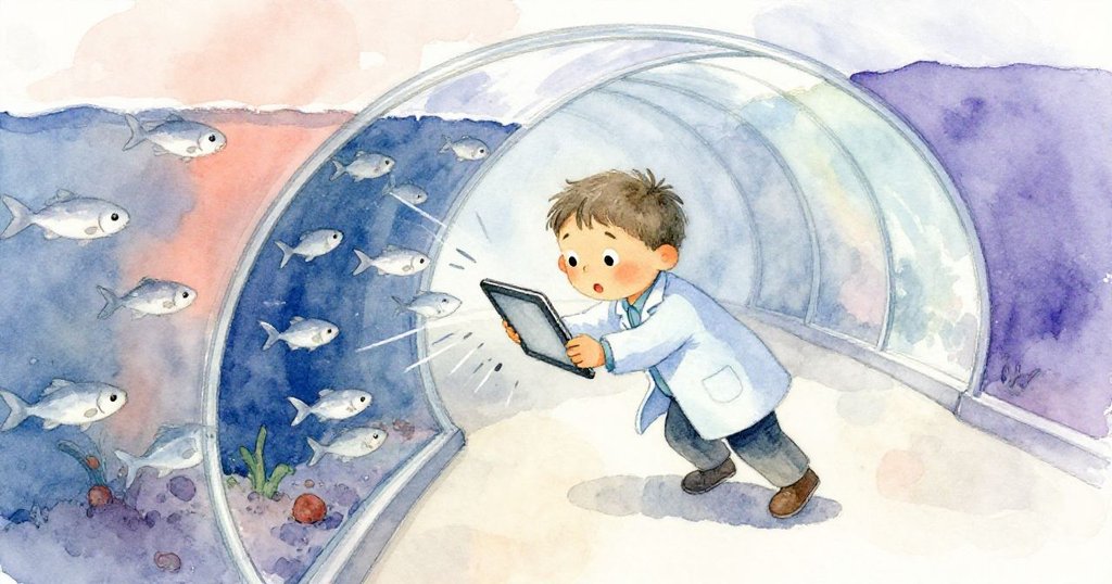 Lev急速蹲下撿回滑落平板，隧道內水波劇動，銀魚驚飛，場景呈現緊張且動感十足的瞬間。