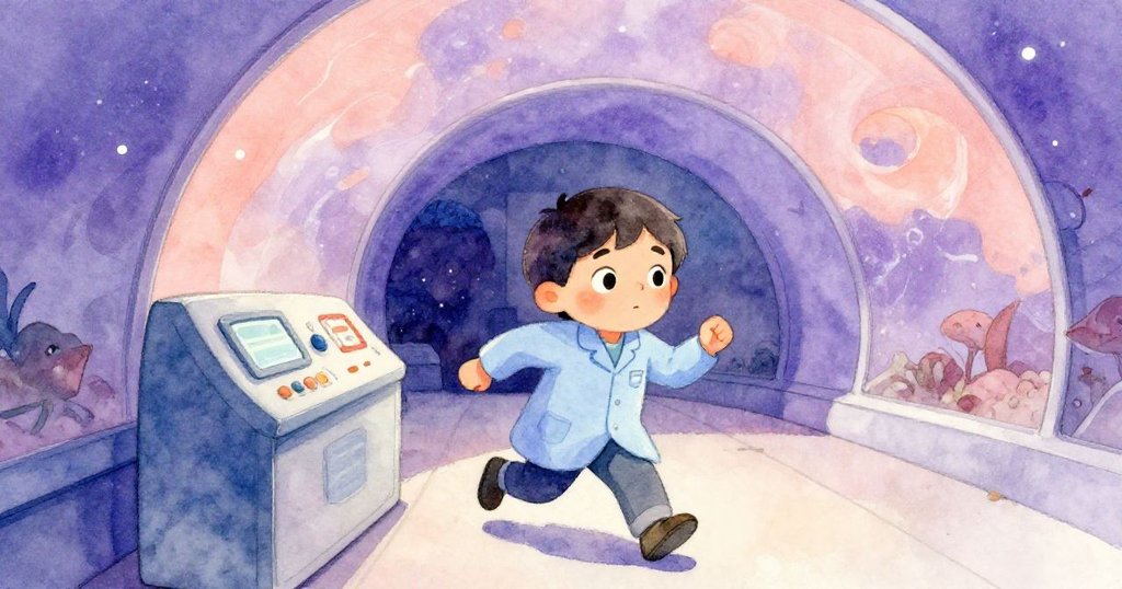 Lev急速奔向控制面板，天花板投影錯落出遙遠星光光環，展示出科技與神秘水族館氛圍。