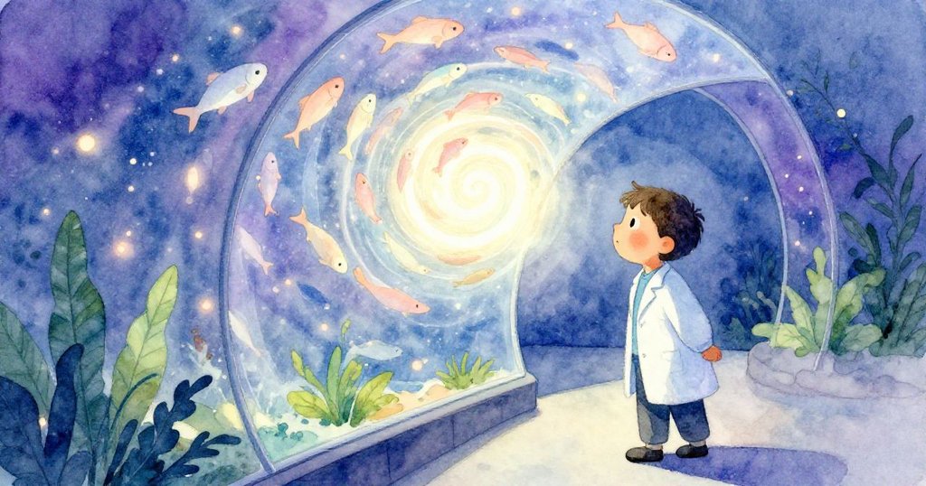 Lev透過平板電腦驚訝地觀察魚群重組成螺旋光影，隧道中水流與光線交織出動態而神秘的畫面。