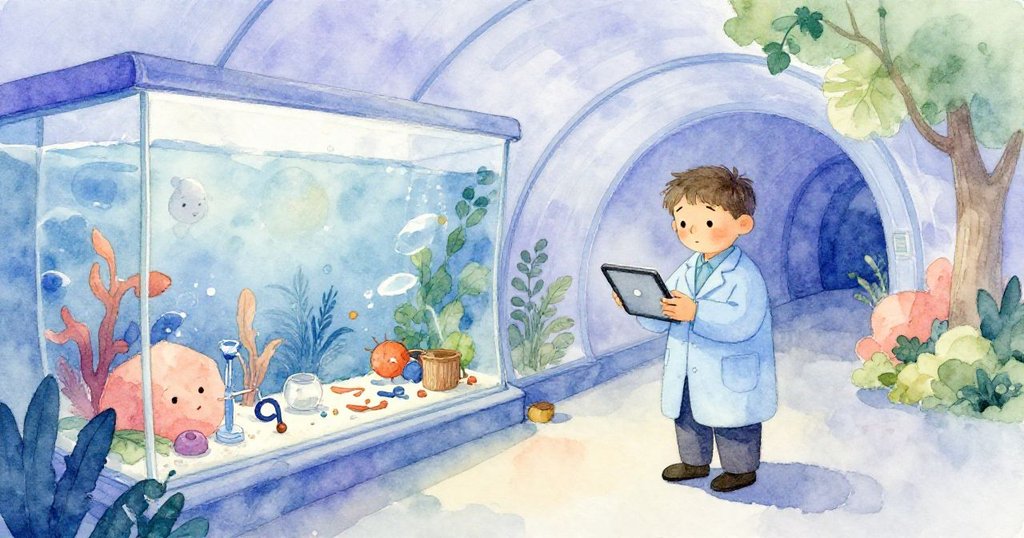 Lev整理儀器後靜靜繼續前行，水族館恢復寧靜，光線柔和灑落於透明隧道中，表情平和專注。