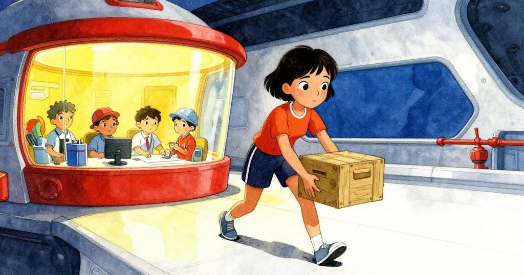 莉絲在明亮磁性甲板上急步前行推著貨箱, 背景有忙碌技術人員和閃爍數字顯示, 表情堅定充滿活力。