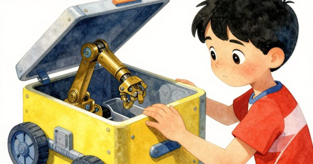 莉絲仔細檢查半開貨箱, 露出銅色機械手臂與展開亮輪, 手部動作細緻, 表情既好奇又警覺。