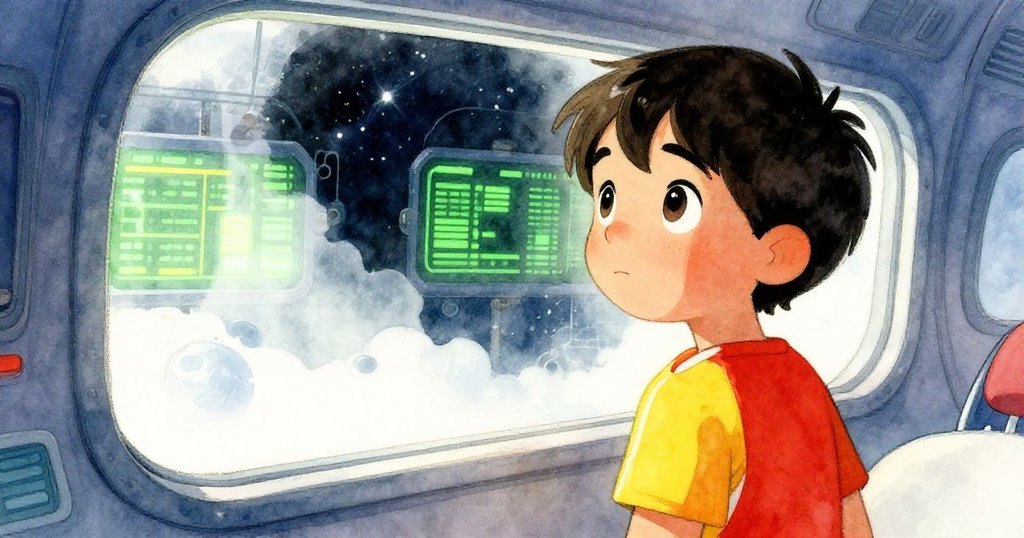 莉絲站在大玻璃窗前凝望外太空日光, 背後綠色數字閃爍, 表情充滿好奇與期待, 室內外對比鮮明。