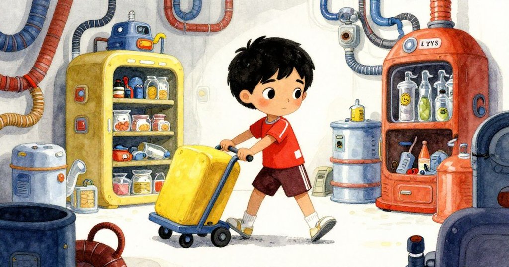 莉絲在雜亂但有序的儲藏室中推動推車, 穿越散落管線及工具架, 表情專注且充滿決心, 場景細緻豐富。