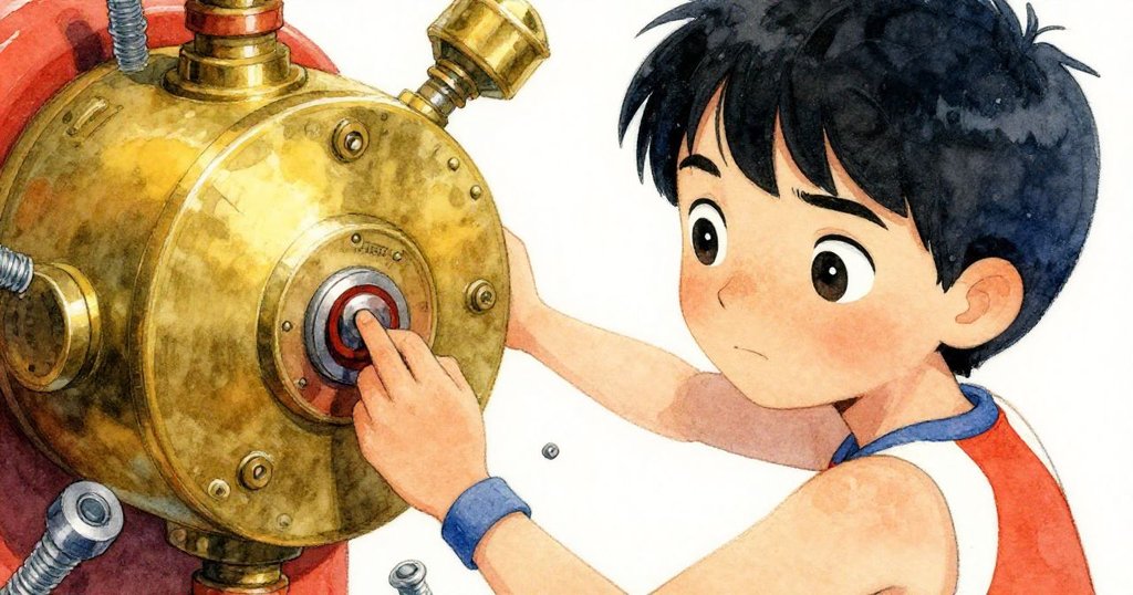 莉絲驚喜地發現機械上的隱藏開關, 迅速按下, 手部特寫展現驚奇與決斷, 周圍散落著細緻螺栓。