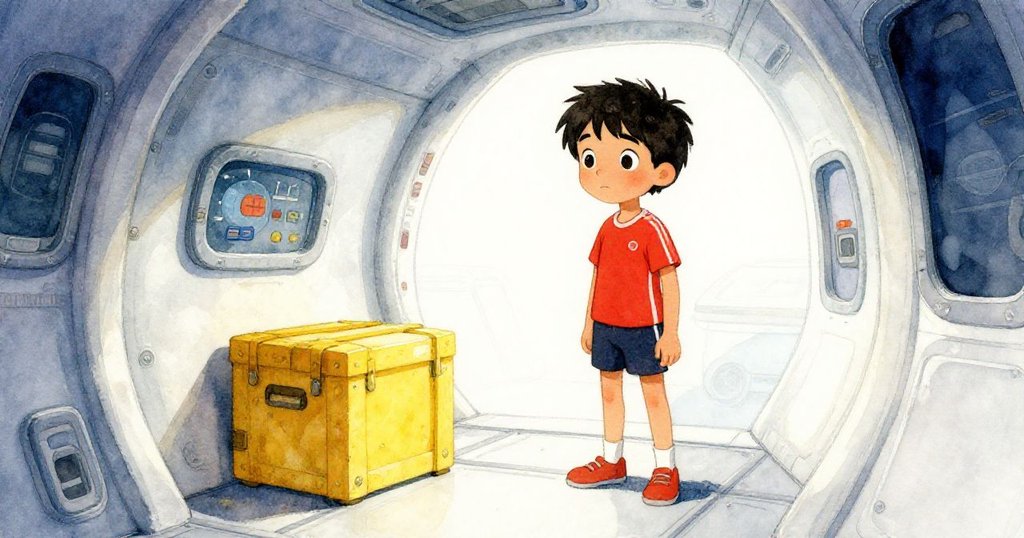 莉絲在寧靜的太空船走道中穩固貨箱, 重新歸位所有零件, 表情滿足安心, 與背景技術人員互動呈現解決後的安寧。