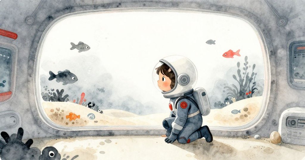 Vega在觀察窗邊蹲著,環境中有魚群、漂浮的沙雲和閃爍的感應燈,充滿忙碌與驚奇。