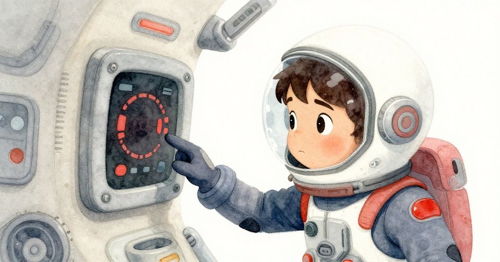 Vega用手套輕觸老舊控制板的按鈕與刻痕,表現出專注與懷舊,細緻展示歷史感。