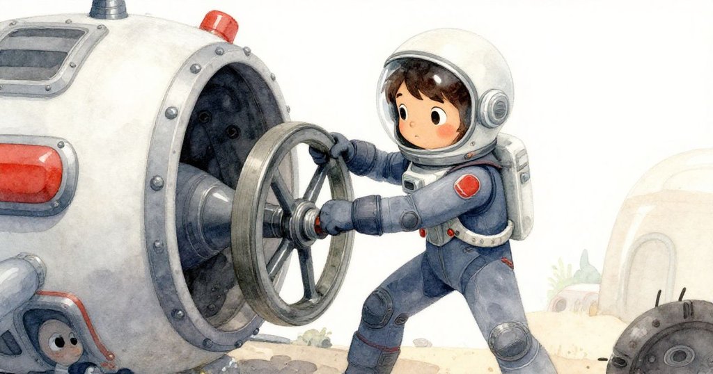 Vega在狹窄走廊面對壓力艙門,動作專注扭動操控輪,金屬齒輪齒碰撞帶來緊張感。