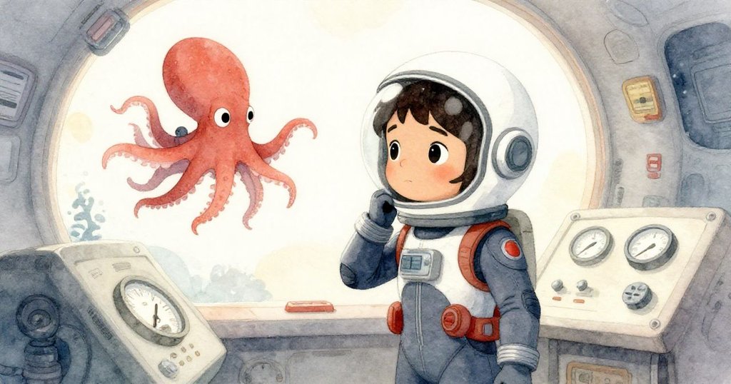 Vega站在充滿儀表的面板旁,面露沉思,章魚輕輕飄浮在旁,展現關鍵抉擇時刻的決定與溫柔支持。