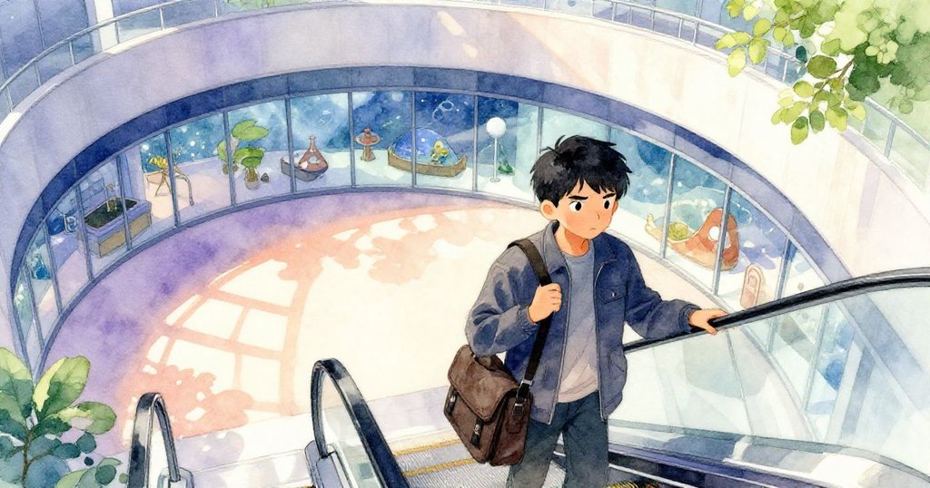 Jorin從自動扶梯上步出進入博物館大廳，背負窄貨包，表情期待，背景有玻璃水族館和溫暖燈光。