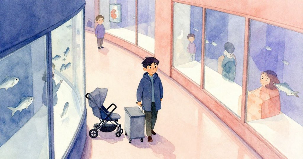 Jorin走在曲折走廊內，透過玻璃可見游魚，人群攪動令他略顯焦急，展現都市現代氣息。