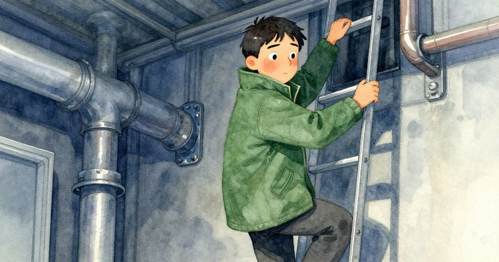 Jorin倉促穿過自動門後走向隱藏樓梯，沿梯向下，眼神透露出一絲安心與決心。