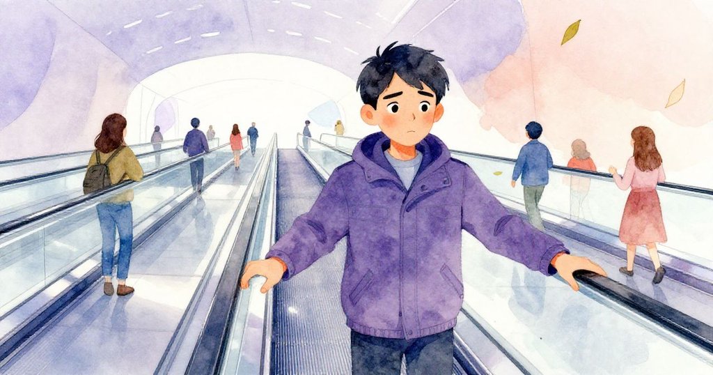 Jorin在轉向走道上緊握扶手，隨著人群倒流，他表情驚訝且專注，展現追逐中的緊迫感。