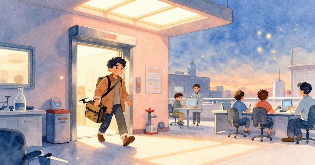 Jorin走出貨梯進入金光灑落的實驗室庭院，背景有工程師匆忙，他臉上滿是決心與希望。