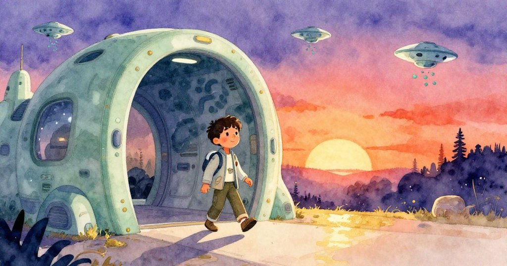 達倫穿著未來風探險服，正急步走向發出蒼綠光芒的空氣閘室，背景中漂浮著藍綠無人機，場景充滿期待