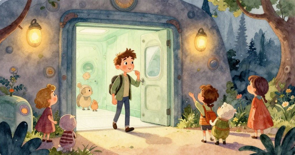 達倫專注地用手按著金屬門邊，背景空曠突顯未來科技質感，神情凝重且專注