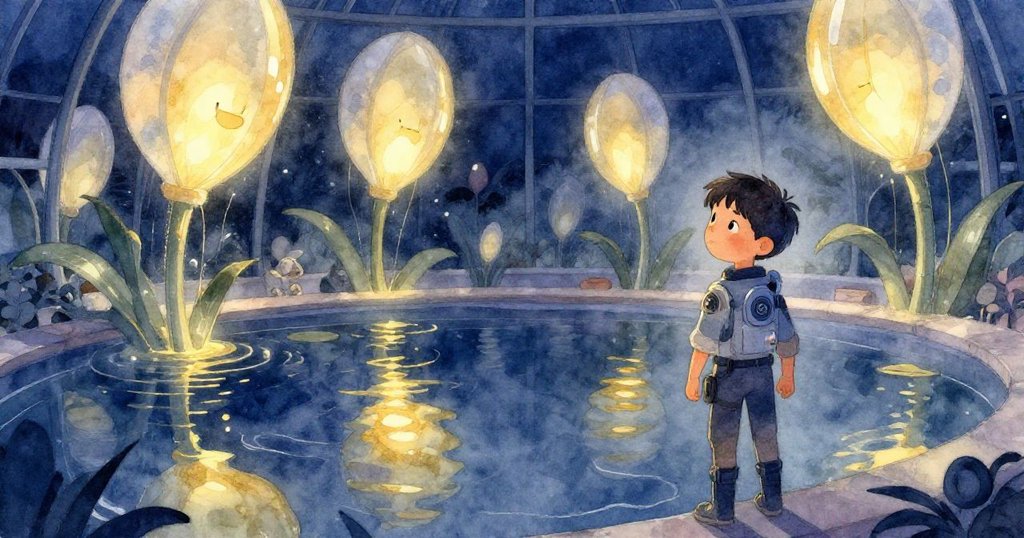 達倫驚喜地觀察池中巨大睡蓮浮出水面，水面映出溫暖燈光和金色斑駁，充滿奇幻魔法感