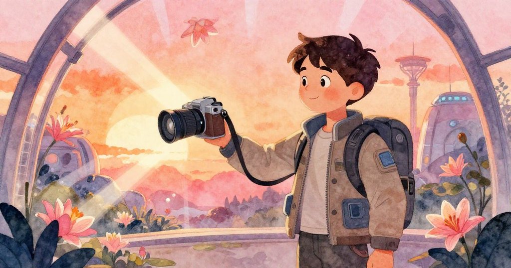 達倫與訪客在浮動睡蓮光影中互動，訪客袖子輕觸相機，兩人展露友善笑容，場景溫暖動人