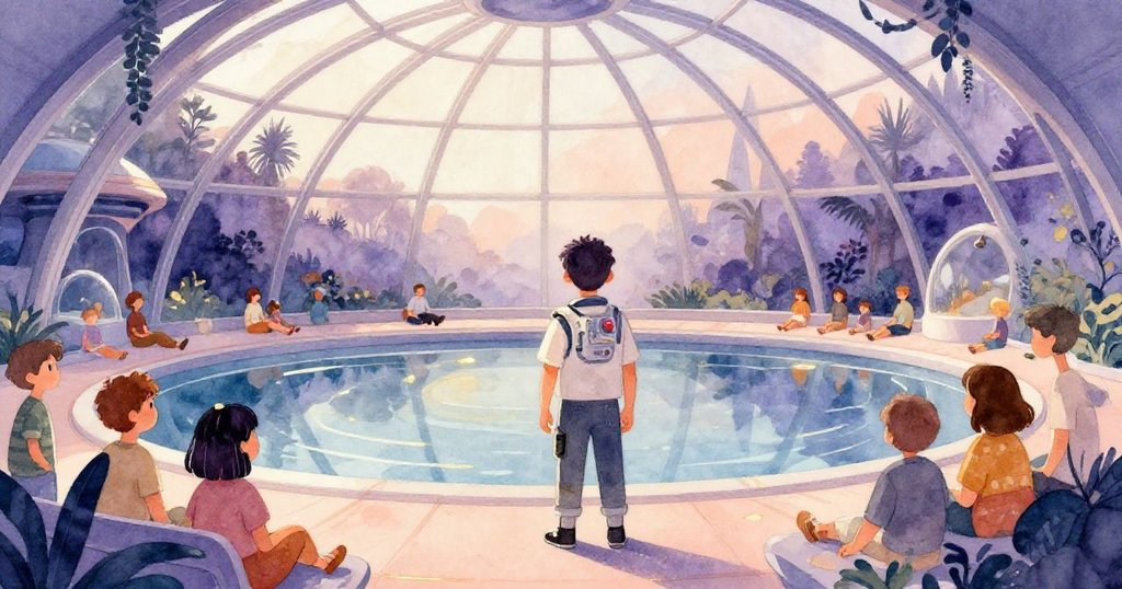 達倫與其他訪客在玻璃穹頂下共享寧靜時刻，水面微波蕩漾，柔和燈光映照出夢幻未來花園之美，結局充滿回味