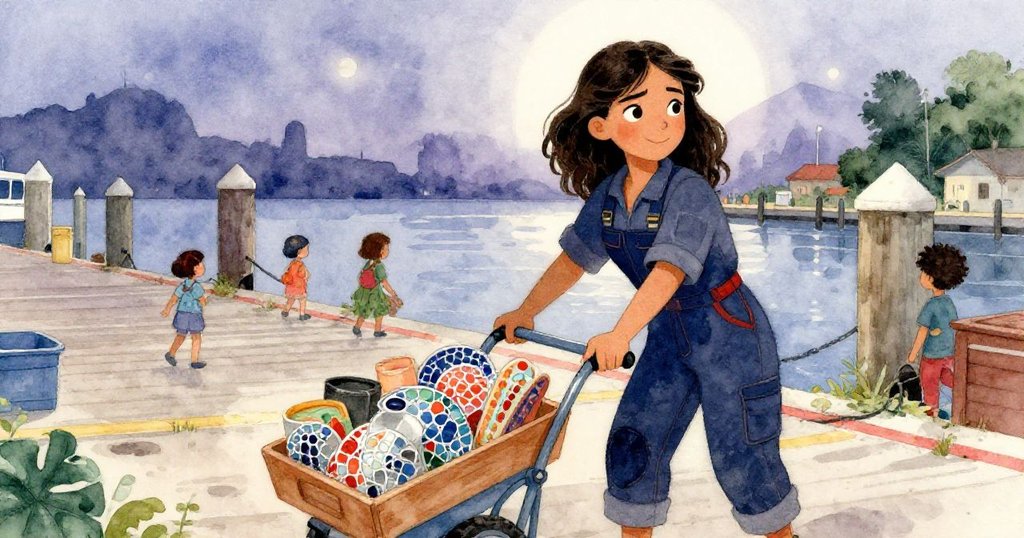 雷拉推著滿載馬賽克碎片的吱吱作響手推車穿越晨曦中的碼頭，臉上流露出堅定與期待。