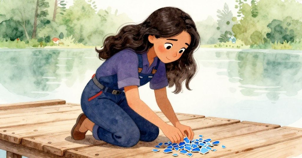 雷拉跪在碼頭木板上，小心拾起散落的藍色碎片，專注且堅毅，背景留白突顯孤獨收集瞬間。