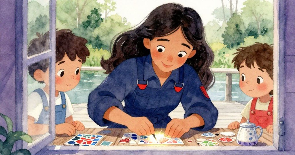 雷拉借由柔光形成的窗框般效果凝視著馬賽克，細心調整珍稀海螺瓷磚，神情專注且溫柔。