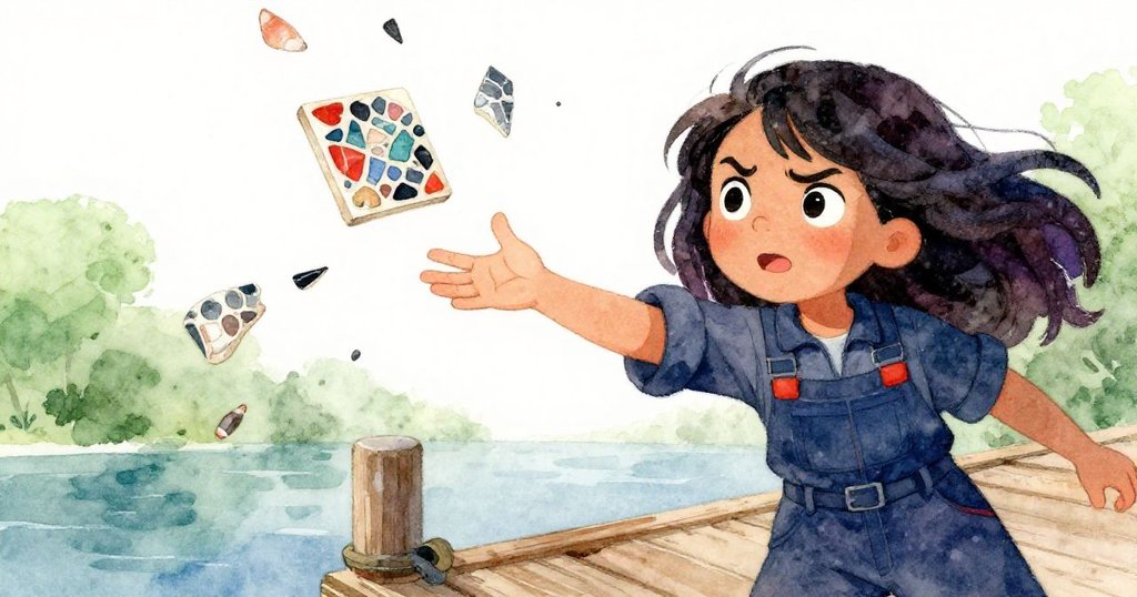 雷拉急伸雙手抓取滑落的海螺瓷磚，碎片在空中飛舞，面部充滿驚恐與堅定，瞬間定格緊張場面。