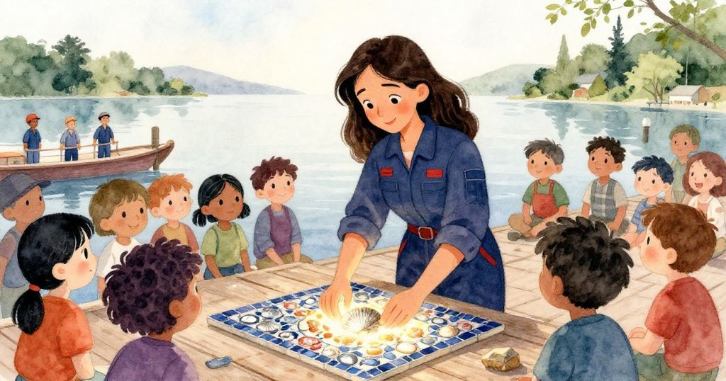 雷拉在晨光中完成中央海螺瓷磚佈局，碼頭上群眾靜觀支持，馬賽克散發柔和光芒，結局溫馨圓滿。