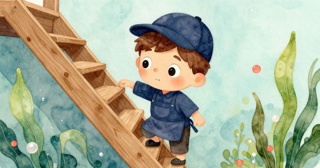 Milo 在舊樓梯上小心攀登，帽子被低樑輕觸，動作生動且充滿冒險精神，背景木質紋理清晰。